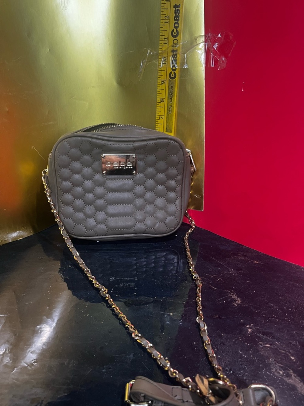 bebe Quilted Crossbody Bag in Gray with Gold Chain